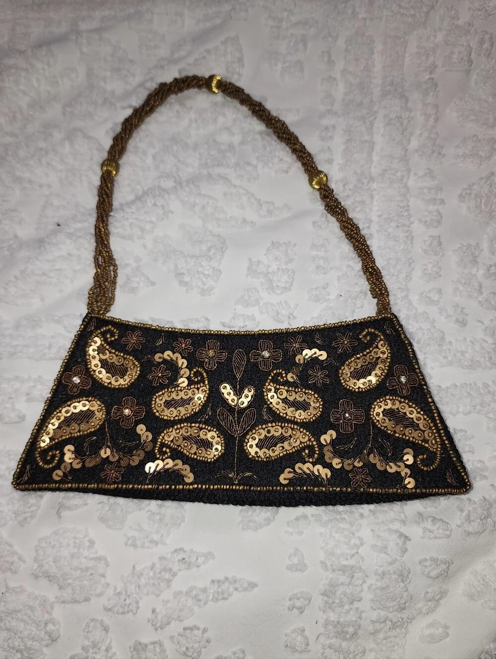 Bougainvillea Brown Bag With Bronze Stitching, Beaded Handle & Embellishments